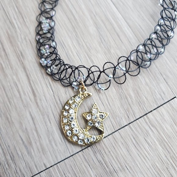 Henna Tattoo choker necklace with gold rhinestone moon and star - Picture 3 of 5